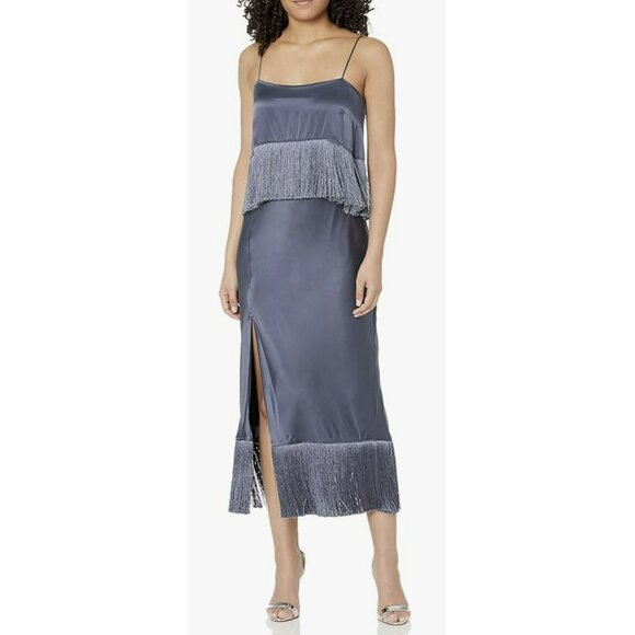 Cinq a Sept $595 Fringed Silk Midi Dress Size 6 Shadow Blue NWT - Picture 1 of 8